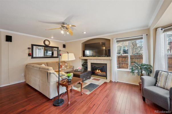 Fireplace, Interior, Living room, Recessed Lighting, Wood Texture Flooring