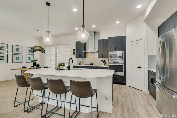 Interior, Kitchen, Pendant Lights, Recessed Lighting, Stainless Steel Appliances, Wood Texture Flooring