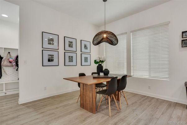 Dining room, Interior, Pendant Lights, Recessed Lighting, Wood Texture Flooring
