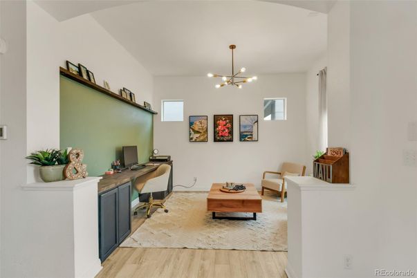 Home Office, Interior, Pendant Lights, Wood Texture Flooring