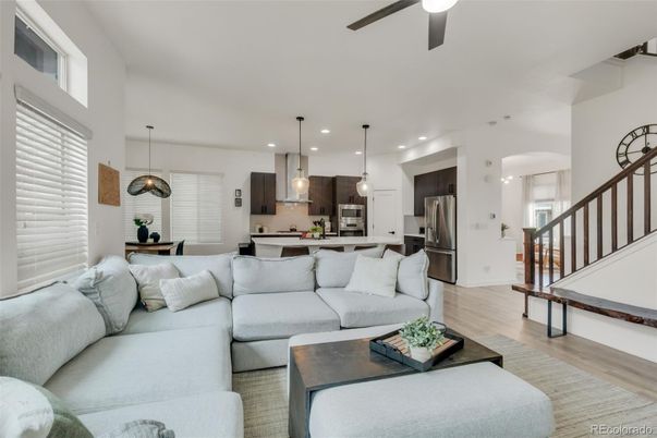 Dining room, Interior, Kitchen, Living room, Pendant Lights, Recessed Lighting, Stainless Steel Appliances, Wood Texture Flooring