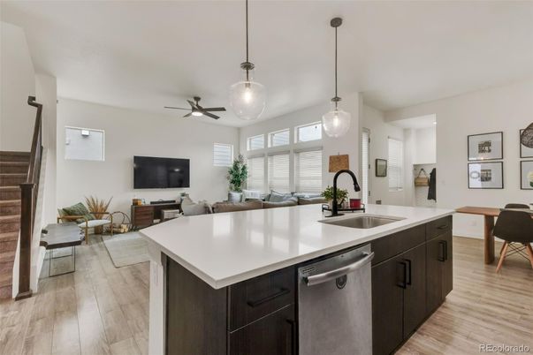 Dining room, Interior, Kitchen, Pendant Lights, Wood Texture Flooring