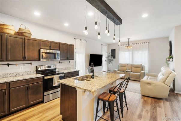 Interior, Kitchen, Living room, Pendant Lights, Recessed Lighting, Stainless Steel Appliances, Wood Texture Flooring