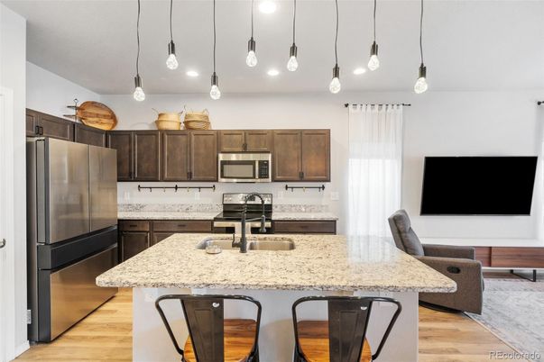 Interior, Kitchen, Pendant Lights, Stainless Steel Appliances, Wood Texture Flooring