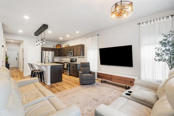 Interior, Kitchen, Living room, Pendant Lights, Recessed Lighting, Stainless Steel Appliances, Wood Texture Flooring