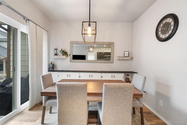 Dining room, Interior, Pendant Lights, Wood Texture Flooring