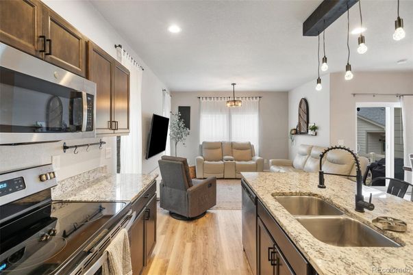 Interior, Kitchen, Living room, Pendant Lights, Recessed Lighting, Wood Texture Flooring