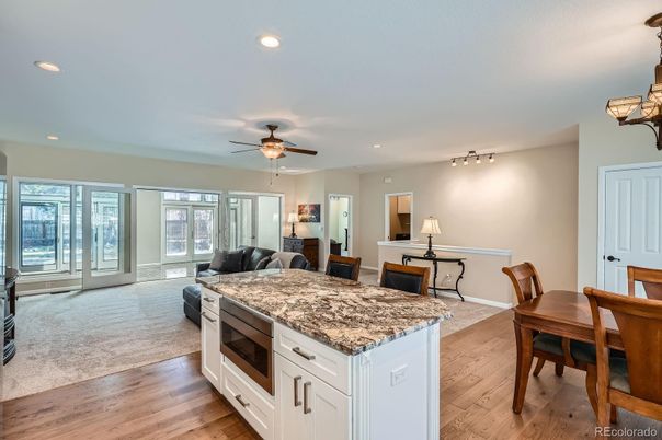 Dining room, Interior, Kitchen, Living room, Recessed Lighting, Wood Texture Flooring