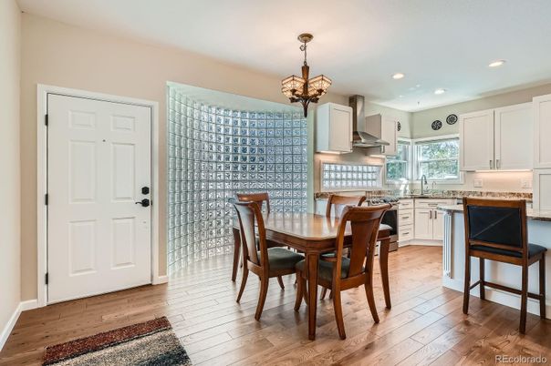 Chandelier, Dining room, Interior, Kitchen, Recessed Lighting, Wood Texture Flooring