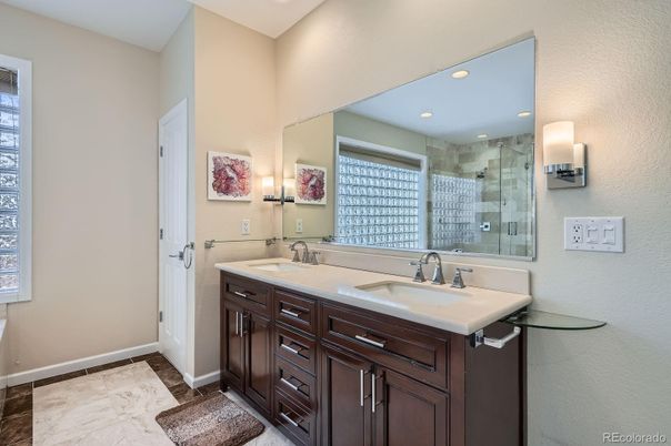 Bathroom, Dual Sink Vanities, Glass Shower, Interior, Marble, Recessed Lighting