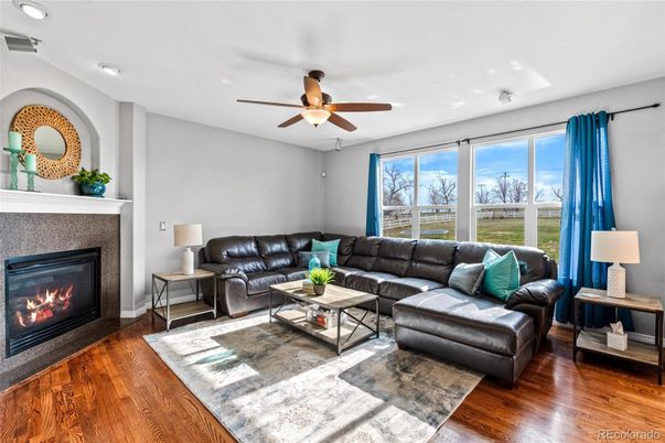 Fireplace, Interior, Living room, Recessed Lighting, Wood Texture Flooring