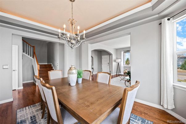 Chandelier, Dining room, Interior, Pendant Lights, Wood Texture Flooring