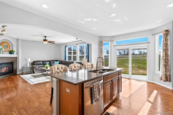 Fireplace, Interior, Kitchen, Living room, Recessed Lighting, Wood Texture Flooring
