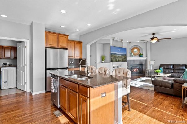Fireplace, Interior, Kitchen, Living room, Recessed Lighting, Wood Texture Flooring