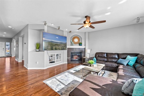 Fireplace, Interior, Living room, Recessed Lighting, Wood Texture Flooring