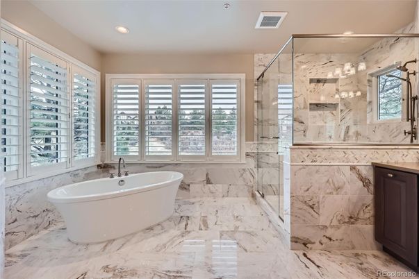Bathroom, Free Standing Baths, Glass Shower, Interior, Marble, Marble Walls, Recessed Lighting
