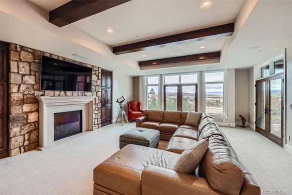Fireplace, Interior, Living room, Recessed Lighting, Stone Walls, Wooden Beams