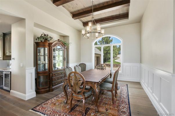 Chandelier, Dining room, Interior, Wooden Beams, Wooden Ceilings, Wood Texture Flooring