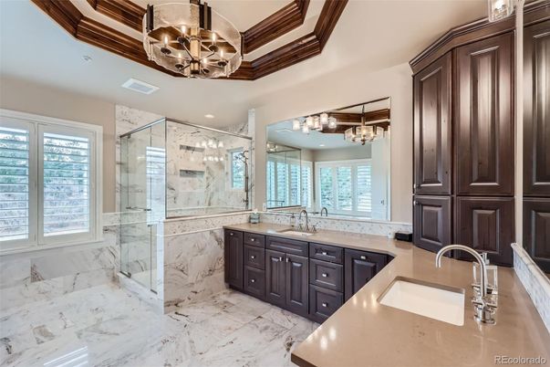 Bathroom, Dual Sink Vanities, Glass Shower, Interior, Marble, Recessed Lighting