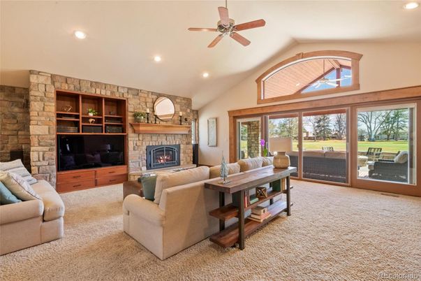 Fireplace, Interior, Living room, Recessed Lighting, Stone Walls