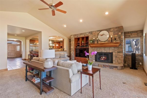 Fireplace, Interior, Kitchen, Living room, Recessed Lighting, Stone Walls