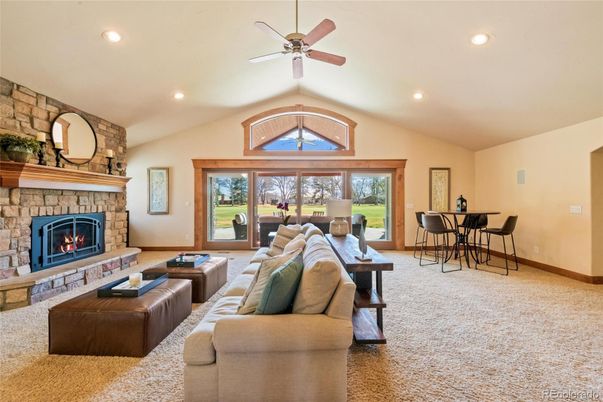 Dining room, Fireplace, Interior, Living room, Recessed Lighting, Stone Walls