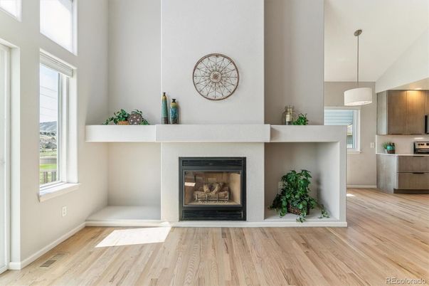 Fireplace, Interior, Pendant Lights, Wood Texture Flooring