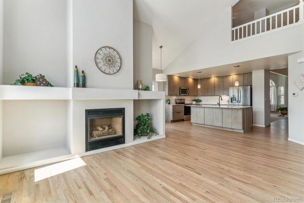 Fireplace, Interior, Kitchen, Pendant Lights, Stainless Steel Appliances, Wood Texture Flooring
