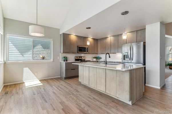 Interior, Kitchen, Pendant Lights, Stainless Steel Appliances, Wood Texture Flooring