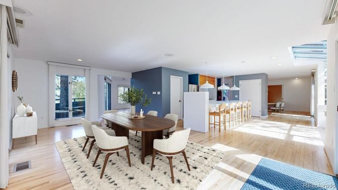 Dining room, Interior, Kitchen, Pendant Lights, Recessed Lighting, Wood Texture Flooring