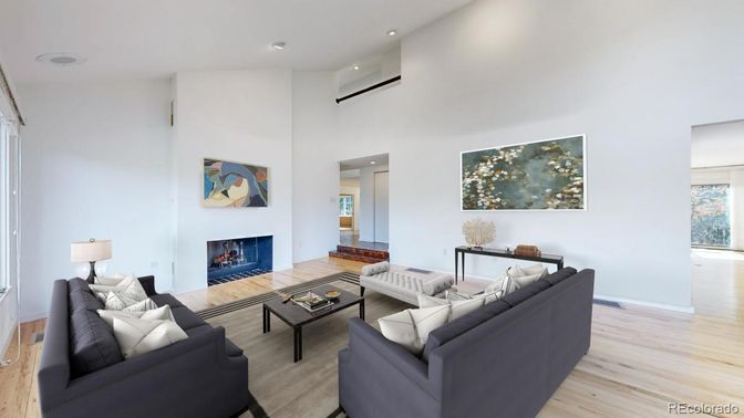 Fireplace, Interior, Living room, Recessed Lighting, Wood Texture Flooring