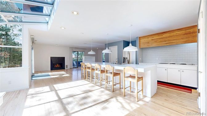 Fireplace, Interior, Kitchen, Pendant Lights, Recessed Lighting, Wood Texture Flooring