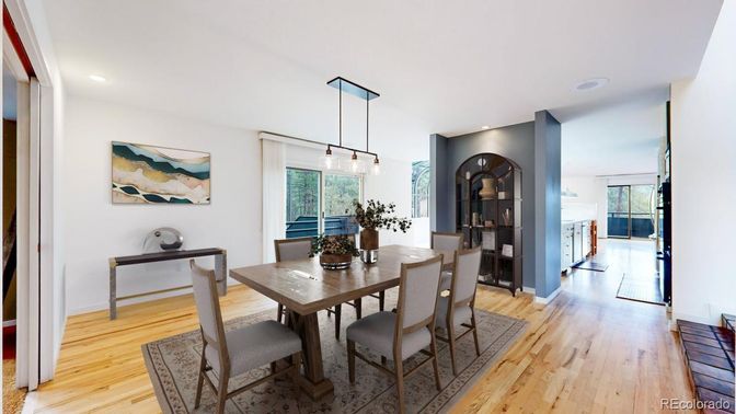 Dining room, Interior, Pendant Lights, Recessed Lighting, Wood Texture Flooring