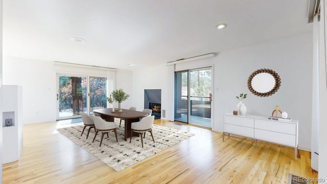 Dining room, Fireplace, Interior, Recessed Lighting, Wood Texture Flooring