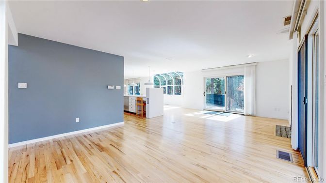 Empty room, Fireplace, Interior, Kitchen, Pendant Lights, Recessed Lighting, Wood Texture Flooring