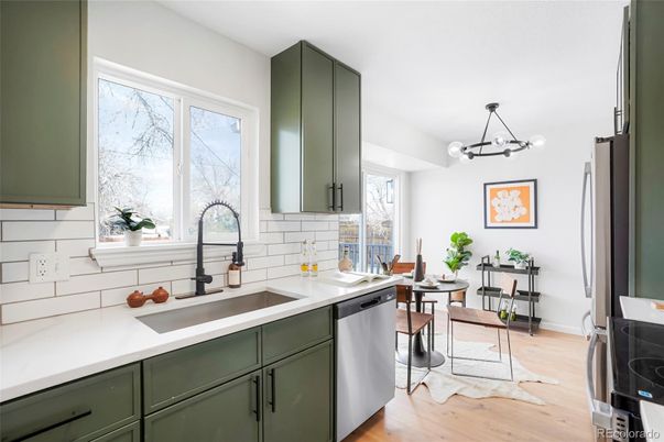 Dining room, Interior, Kitchen, Pendant Lights, Wood Texture Flooring