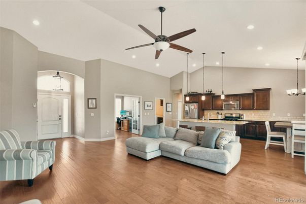Dining room, Interior, Kitchen, Living room, Pendant Lights, Recessed Lighting, Stainless Steel Appliances, Wood Texture Flooring