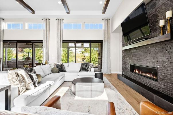 Fireplace, Interior, Living room, Recessed Lighting, Wooden Beams, Wood Texture Flooring