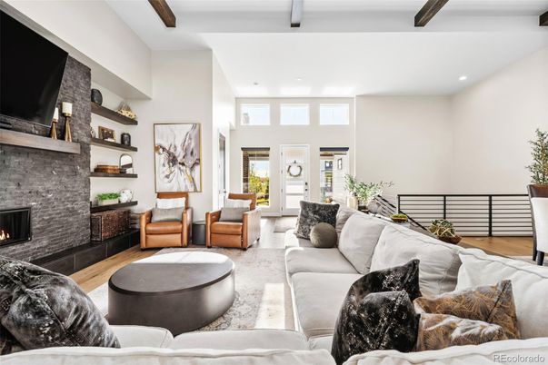 Fireplace, Interior, Living room, Recessed Lighting, Wood Texture Flooring