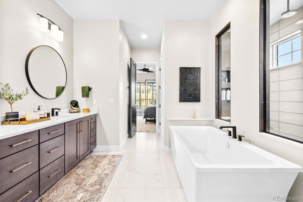 Bathroom, Dual Sink Vanities, Interior, Marble, Recessed Lighting