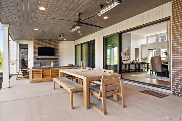 Dining room, Fireplace, Interior, Recessed Lighting, Stone Walls
