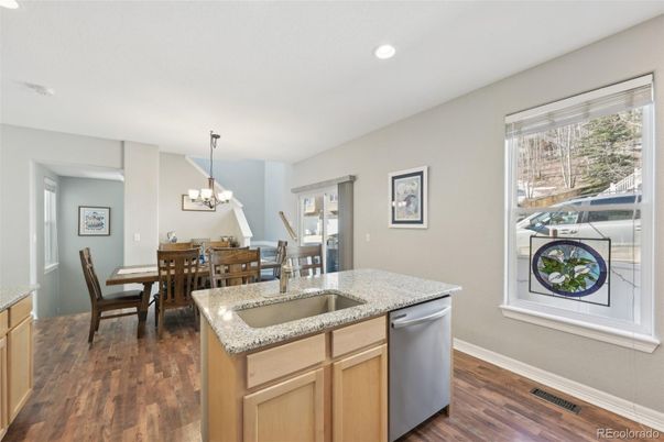 Chandelier, Dining room, Interior, Kitchen, Recessed Lighting, Wood Texture Flooring