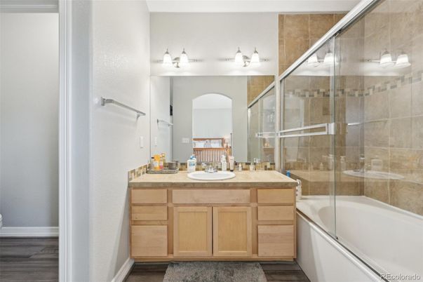 Bathroom, Glass Shower, Interior, Wood Texture Flooring