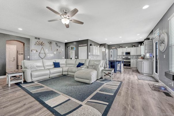 Interior, Kitchen, Living room, Recessed Lighting, Stainless Steel Appliances, Wood Texture Flooring