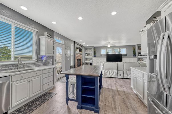 Interior, Kitchen, Living room, Recessed Lighting, Stainless Steel Appliances, Wood Texture Flooring