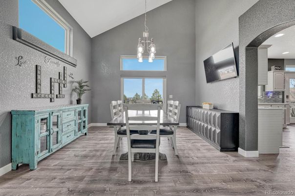 Dining room, Interior, Pendant Lights, Recessed Lighting, Wood Texture Flooring