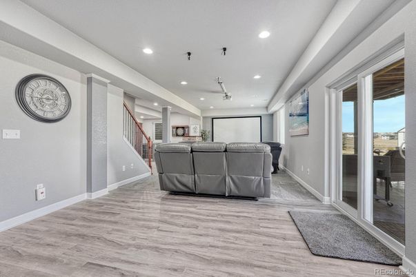 Interior, Projection Screen, Recessed Lighting, Theatre Room, Wood Texture Flooring