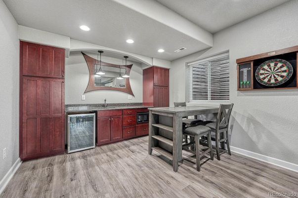 Dining room, Interior, Kitchen, Pendant Lights, Recessed Lighting, Wood Texture Flooring