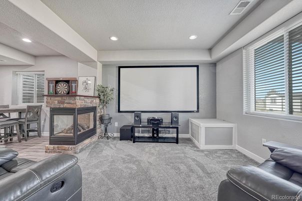 Fireplace, Interior, Projection Screen, Recessed Lighting, Theatre Room