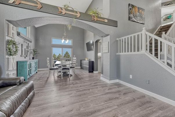 Dining room, Interior, Pendant Lights, Wood Texture Flooring
